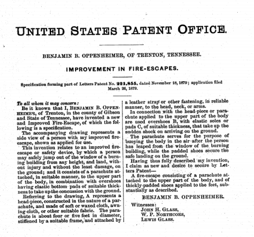 Patent parachute fires escape